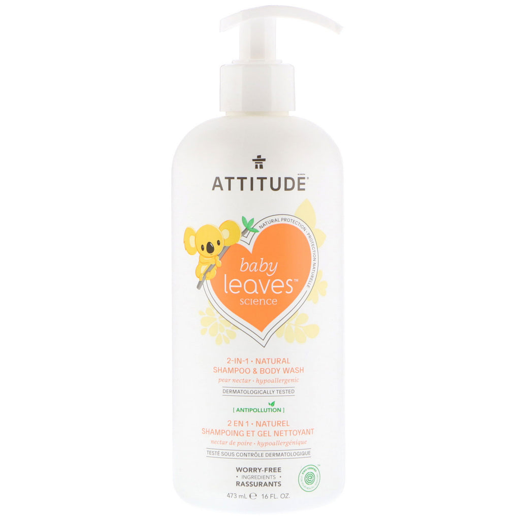 ATTITUDE, Baby Leaves Science, Shampoing et nettoyant pour le corps naturels 2 en 1, Nectar de poire, 16 fl oz (473 ml)