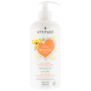 ATTITUDE, Baby Leaves Science, 2-in-1 natuurlijke shampoo en body wash, perennectar, 16 fl oz (473 ml)