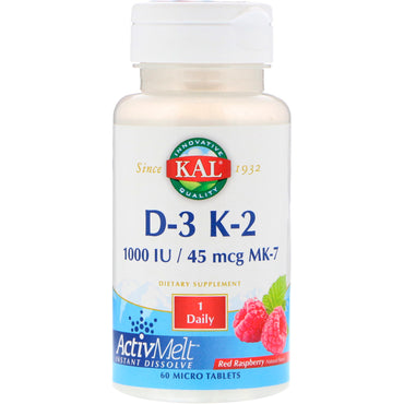 KAL, D-3 K-2, frambuesa roja, 1000 UI/45 mcg MK-7, 60 microcomprimidos