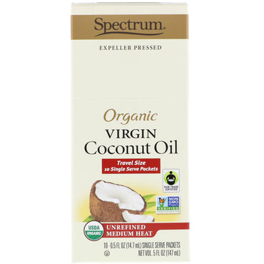 Spectrum Naturals, huile de noix de coco vierge, chaleur moyenne non raffinée, 10 sachets individuels, 0,5 fl oz (14,7 ml) chacun