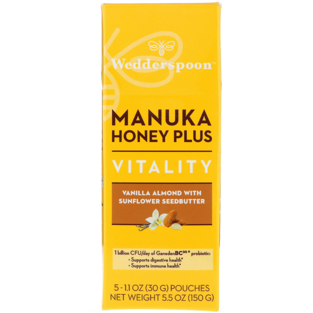 Wedderspoon, miere de Manuka Plus, vitalitate, migdale de vanilie cu unt de semințe de floarea soarelui, 5 plicuri, 1,1 oz (30 g) fiecare