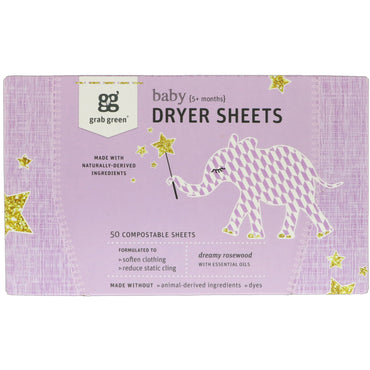 GrabGreen Dryer Sheets Baby Dreamy Rosewood con aceites esenciales 5+ meses 50 hojas compostables