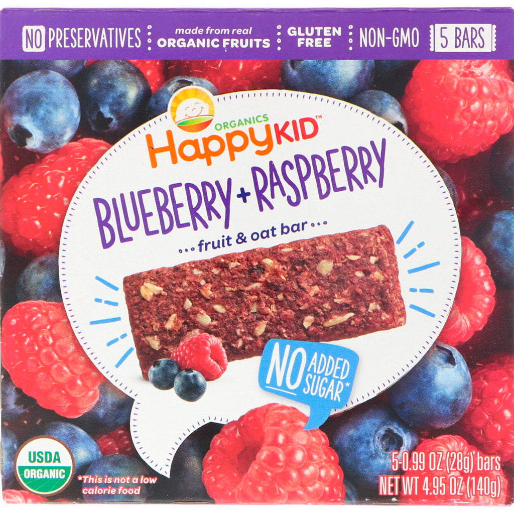 Nurture Inc. (Happy Baby) Happy Kid Blueberry + Raspberry Fruit & Oat Reep 5 repen, 28 g (0,99 oz) elk