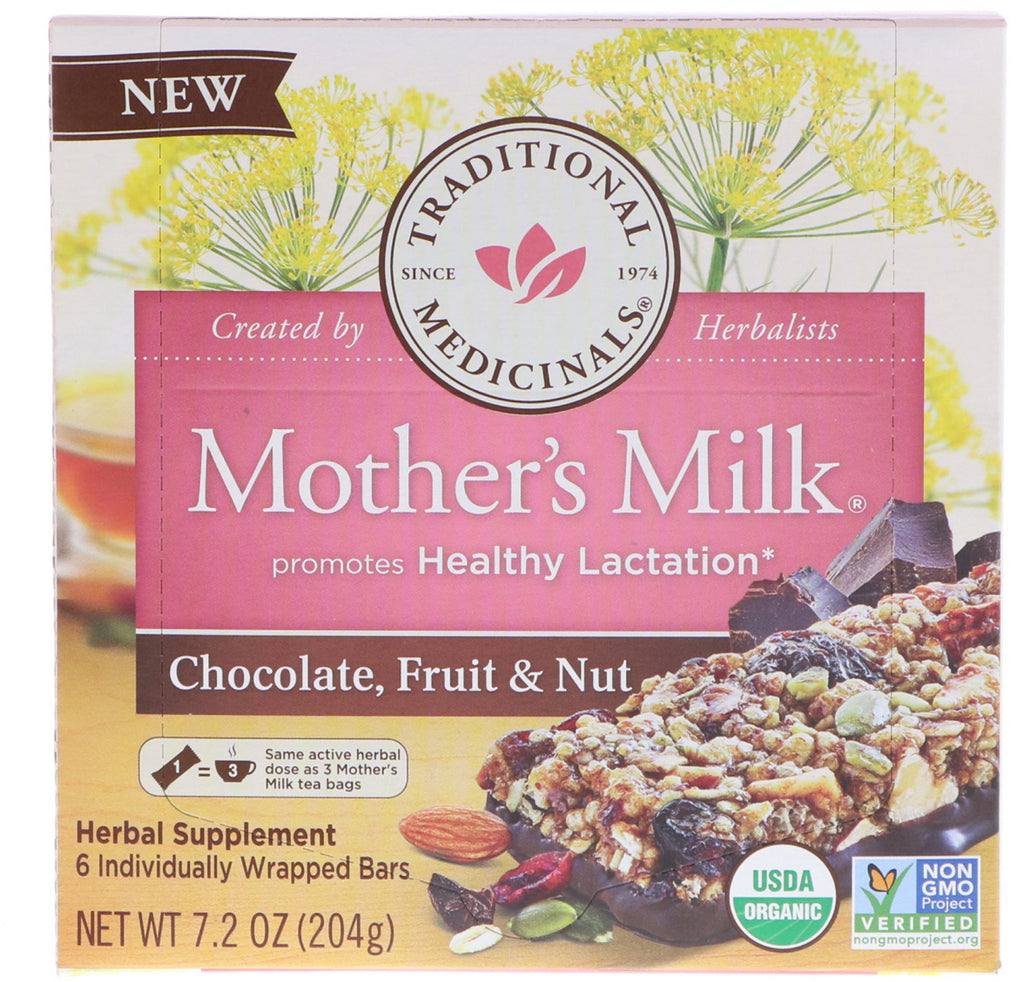 Médicinaux traditionnels, lait maternel, chocolat, fruits et noix, 6 barres emballées individuellement, 7,2 oz (204 g)