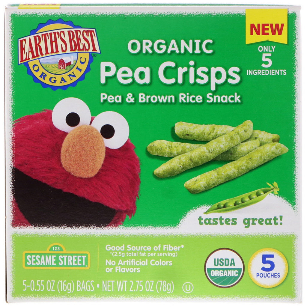Earth's Best Sesame Street Pea Crisps Pea & Brown Rice Snack 5 påsar 0,55 oz (16 g) styck