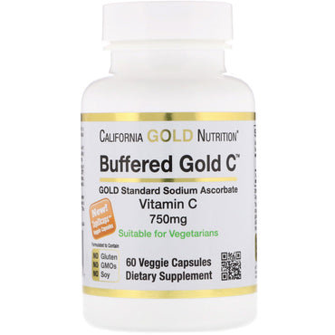 California Gold Nutrition, buffrat guld C, icke-surt vitamin C, natriumaskorbat, 750 mg, 60 vegetabiliska kapslar
