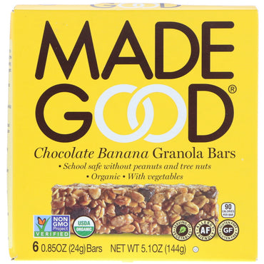 MadeGood, barras de granola, chocolate y plátano, 6 barras, 0,85 oz (24 g) cada una