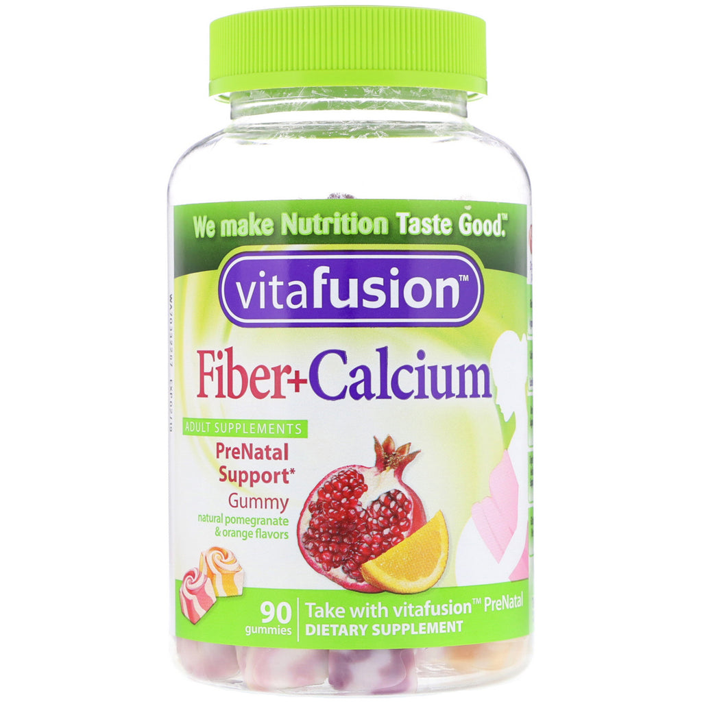 Vitafusion, prenatale ondersteuning van vezels + calcium, natuurlijke granaatappel- en sinaasappelsmaak, 90 gummies