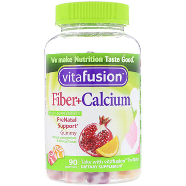 Vitafusion, الألياف + الكالسيوم لدعم ما قبل الولادة، نكهات الرمان والبرتقال الطبيعية، 90 علكة