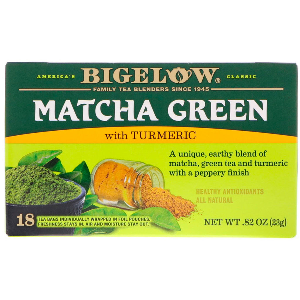 Bigelow, תה ירוק מאצ'ה עם כורכום, 18 שקיקי תה, 0.82 אונקיות (23 גרם)