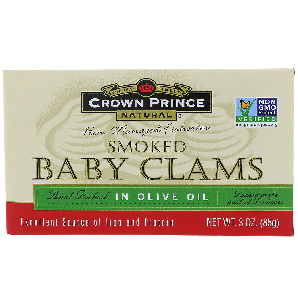 Kronprins naturliga, rökta babymusslor i olivolja, 3 oz (85 g)