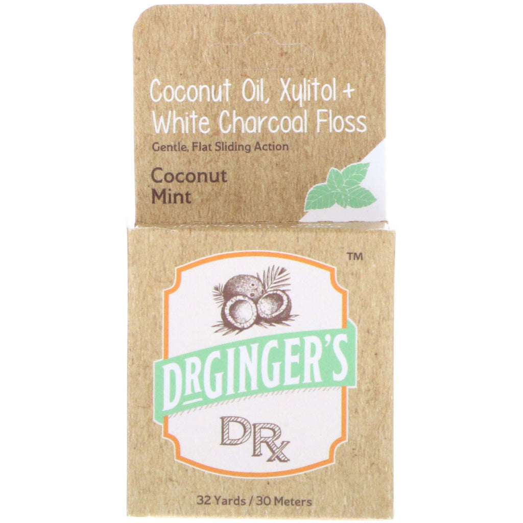 Dr. Ginger's, kokosolie, xylitol + hvid trækulstråd, kokosmynte, 30 m (32 yds)
