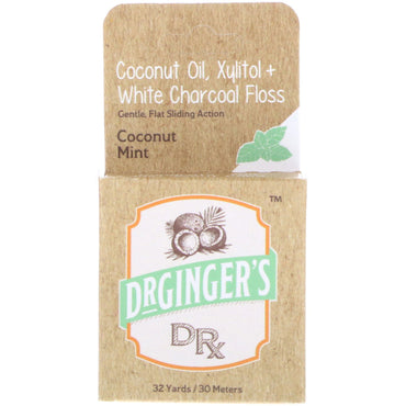 Dr. Ginger's, kokosolie, xylitol + hvid trækulstråd, kokosmynte, 30 m (32 yds)