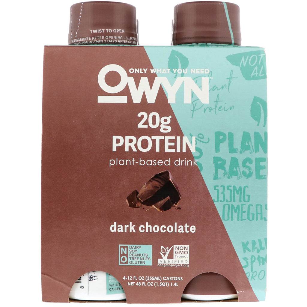 OWYN, frullato proteico a base vegetale, cioccolato fondente, 4 frullati, 12 fl oz (355 ml) ciascuno