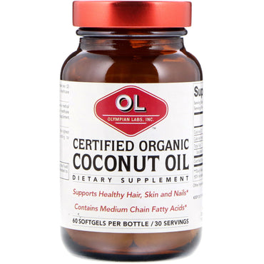 Olympian labs inc., aceite de coco certificado, 60 cápsulas blandas
