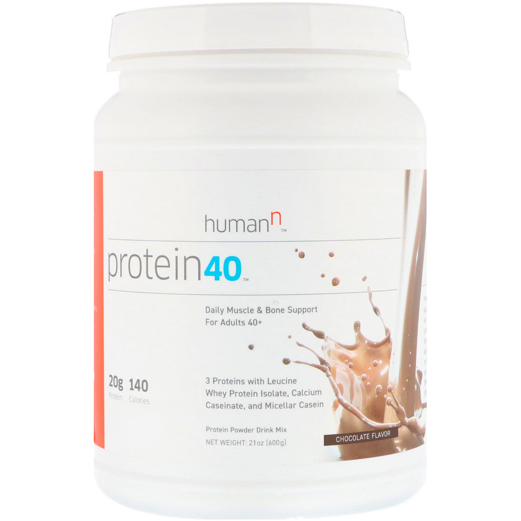 HumanN, חלבון 40, תמיכת שרירים ועצמות יומית למבוגרים מגיל 40+, טעם שוקולד, 21 אונקיות (600 גרם)