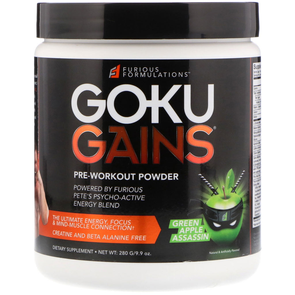 FURIOUS FORMULERINGER, Goku får Pre-Workout Powder, Green Apple Assassin, 9,9 oz (280 g)