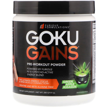 FURIOUS FORMULATIES, Goku Gains Pre-Workout Powder, Green Apple Assassin, 9.9 oz (280 g)