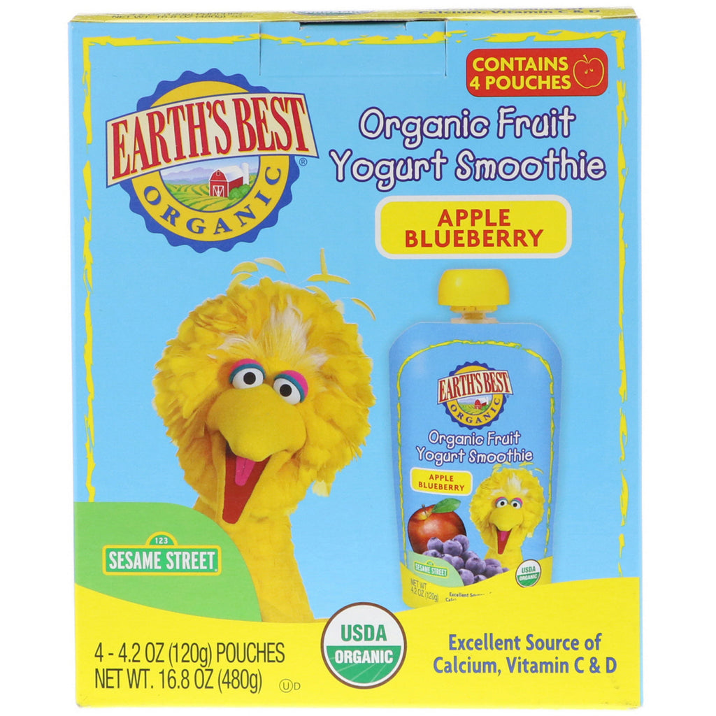 Earth's Best Sesame Street Fruit Yogurt Smoothie Apple Blueberry 4 ถุง แต่ละ 4.2 ออนซ์ (120 กรัม)