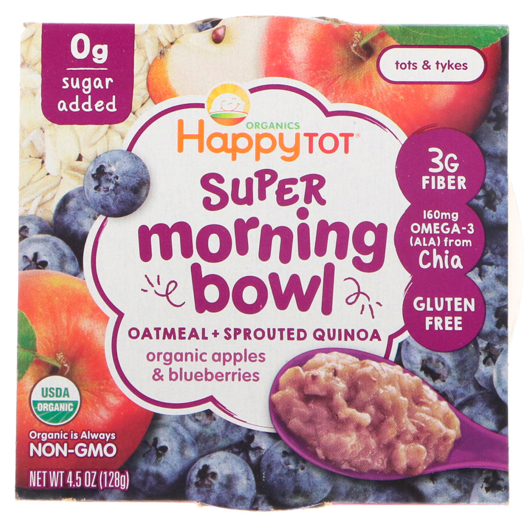 (Happy Baby) وجبة Happy Tot Super Morning Bowl من دقيق الشوفان + الكينوا المنبتة والتفاح والتوت الأزرق 4.5 أونصة (128 جم)