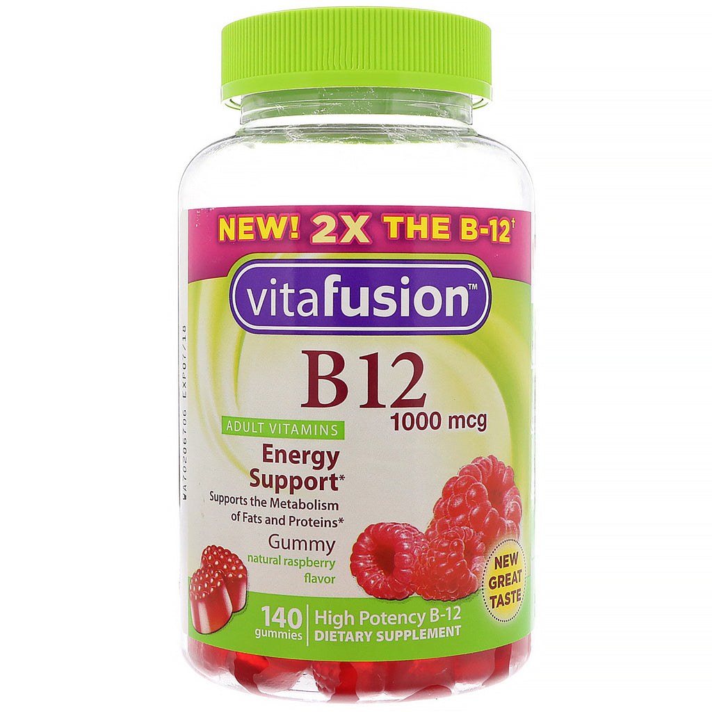 VitaFusion, B12 vuxenvitaminer, energistöd, naturlig hallonsmak, 1000 mcg, 140 gummin