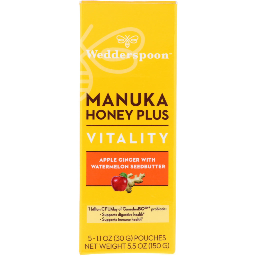 Wedderspoon, Manuka Honey Plus, Vitality, Apfel-Ingwer mit Wassermelonenkernbutter, 5 Beutel, je 1,1 oz (30 g).