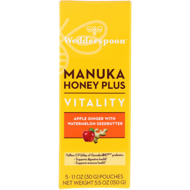 Wedderspoon, Manuka Honey Plus, Vitality, Apfel-Ingwer mit Wassermelonenkernbutter, 5 Beutel, je 1,1 oz (30 g).