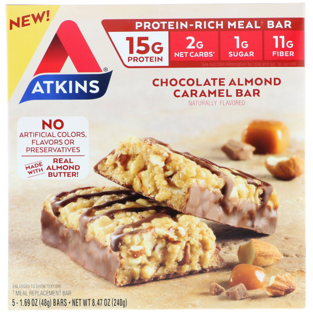 Atkins, baton de masă, baton de ciocolată cu migdale și caramel, 5 batoane, 1,69 oz (48 g) fiecare