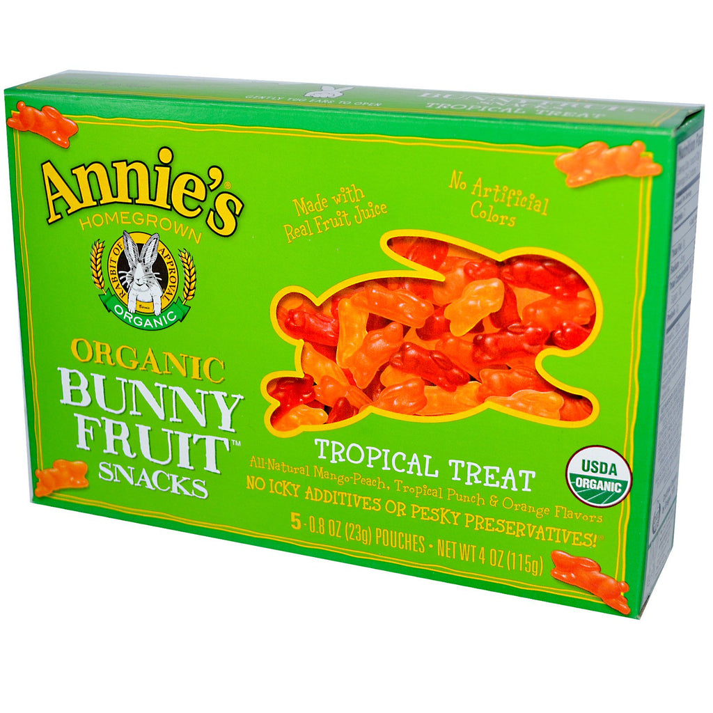 Annie's Homegrown, Bunny Fruit Snacks, tropische traktatie, 5 zakjes, elk 23 g