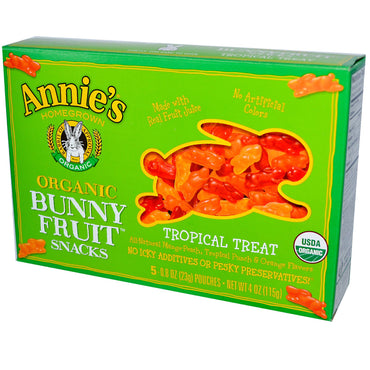 Annie's Homegrown, وجبات خفيفة من فاكهة الأرنب، حلوى استوائية، 5 أكياس، 0.8 أونصة (23 جم) لكل منها