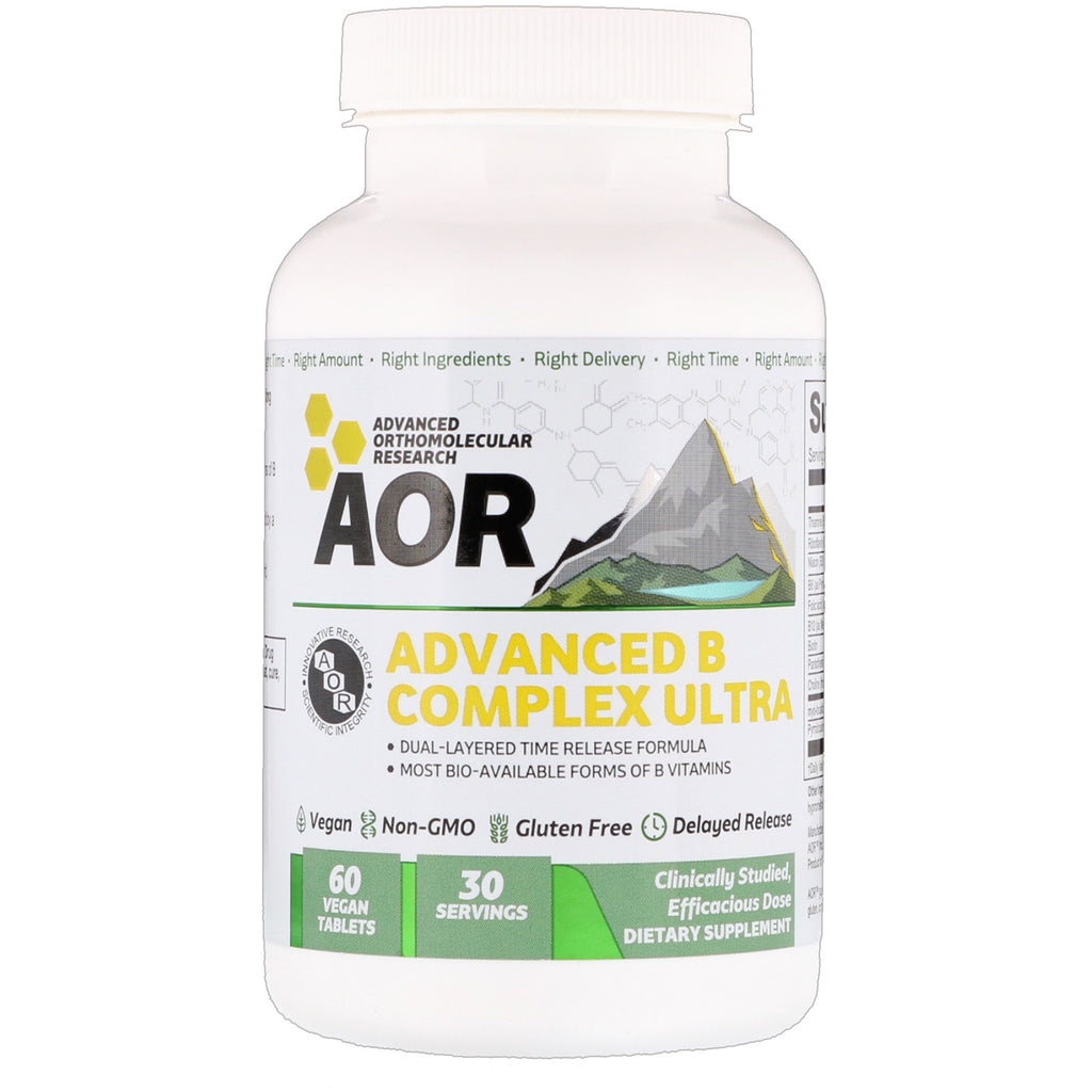 Advanced Orthomolecular Research AOR, Complejo B avanzado Ultra, 60 comprimidos veganos