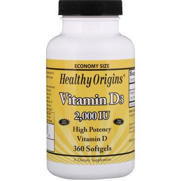 Orígenes saludables, vitamina d3, 2000 iu, 360 cápsulas blandas