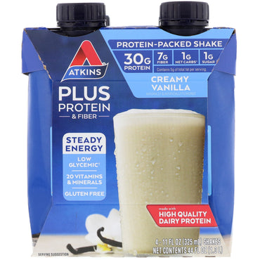 Atkins, Plus Protein & Fiber, cremet vanilje, 4 shakes, 11 fl oz (325 ml) hver