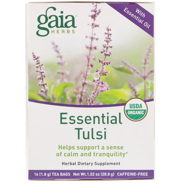 Gaia-kruiden, essentiële Tulsi, cafeïnevrij, 16 theezakjes, 1,02 oz (28,8 g)