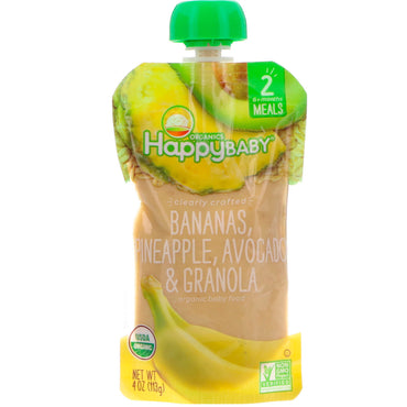 (Happy Baby) Comida para bebê, estágio 2, bananas claramente elaboradas, abacaxi, abacate e granola 6+ meses 4 onças (113 g)