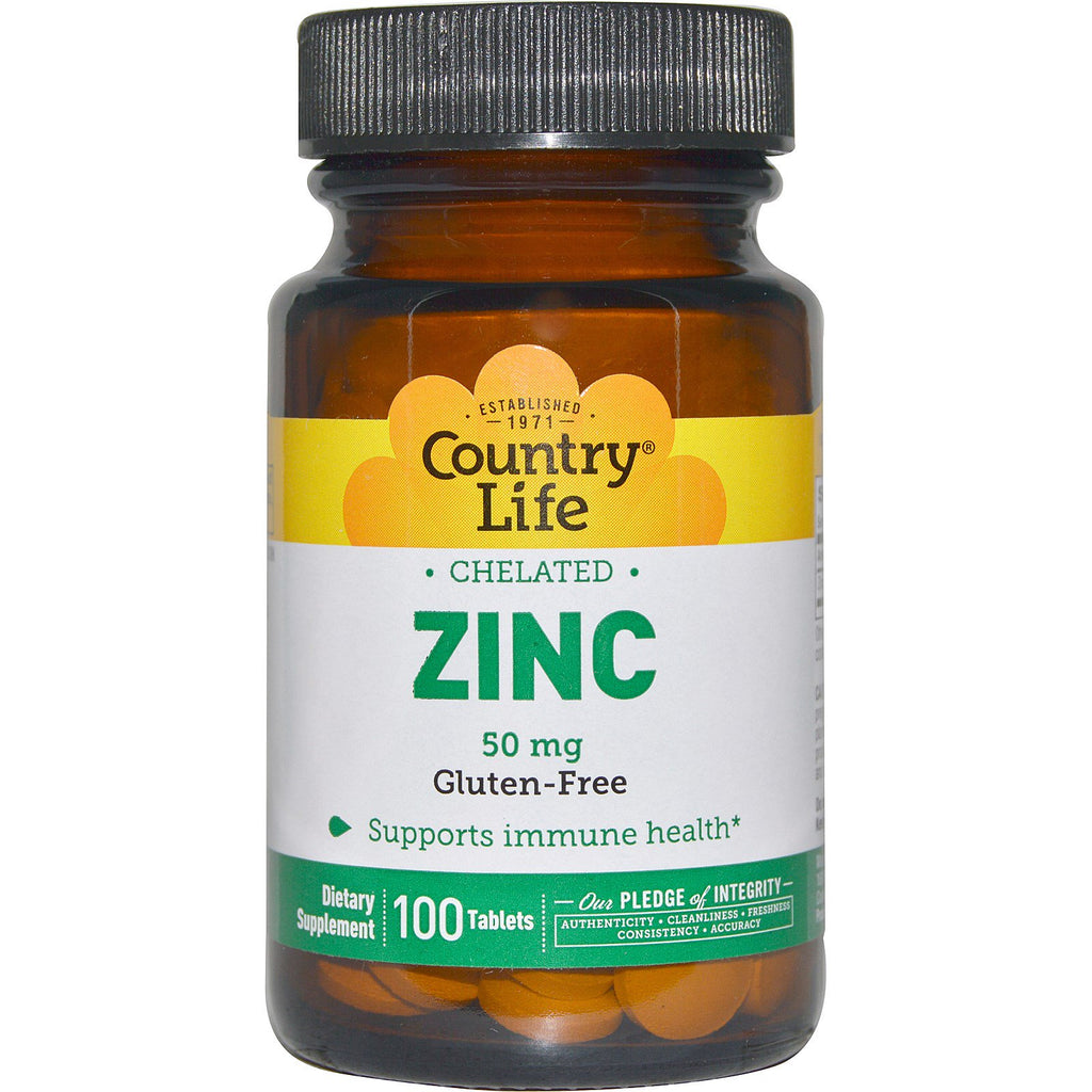Country Life, Zinc, quelado, 50 mg, 100 tabletas