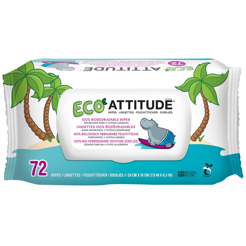 ATTITUDE, Eco Wipes, Fragrance-Free, 72 Wipes