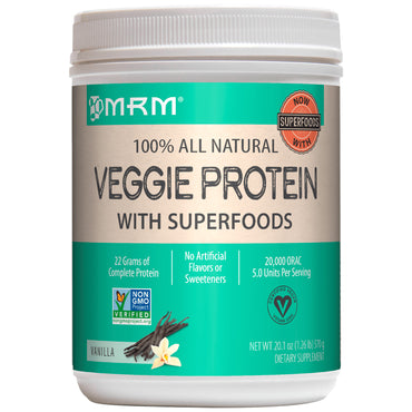 MRM, بروتين نباتي طبيعي 100% مع أغذية فائقة الجودة، الفانيليا، 20.1 أونصة (570 جم)