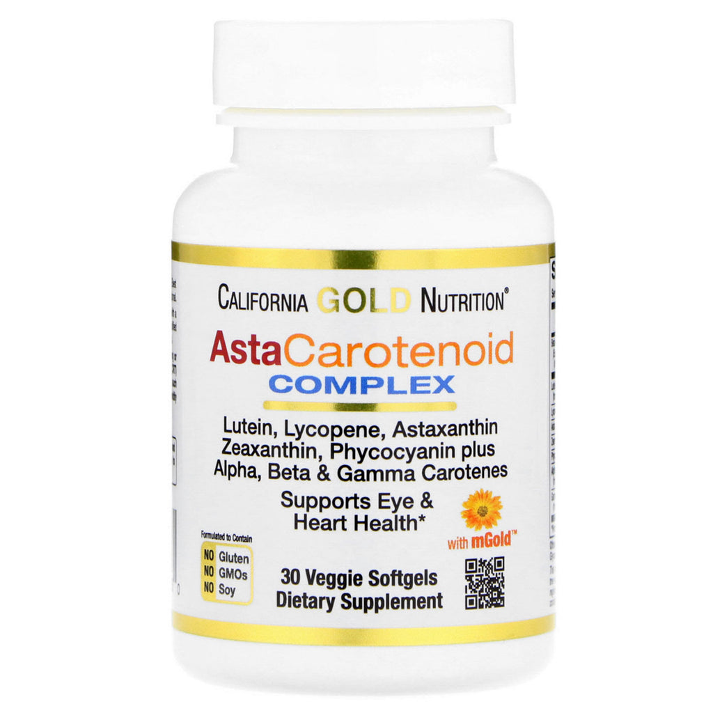 California gullernæring, astacarotenoid, lutein, lycopen, astaxanthin kompleks, støtter øye- og hjertehelse, 30 veggie softgels