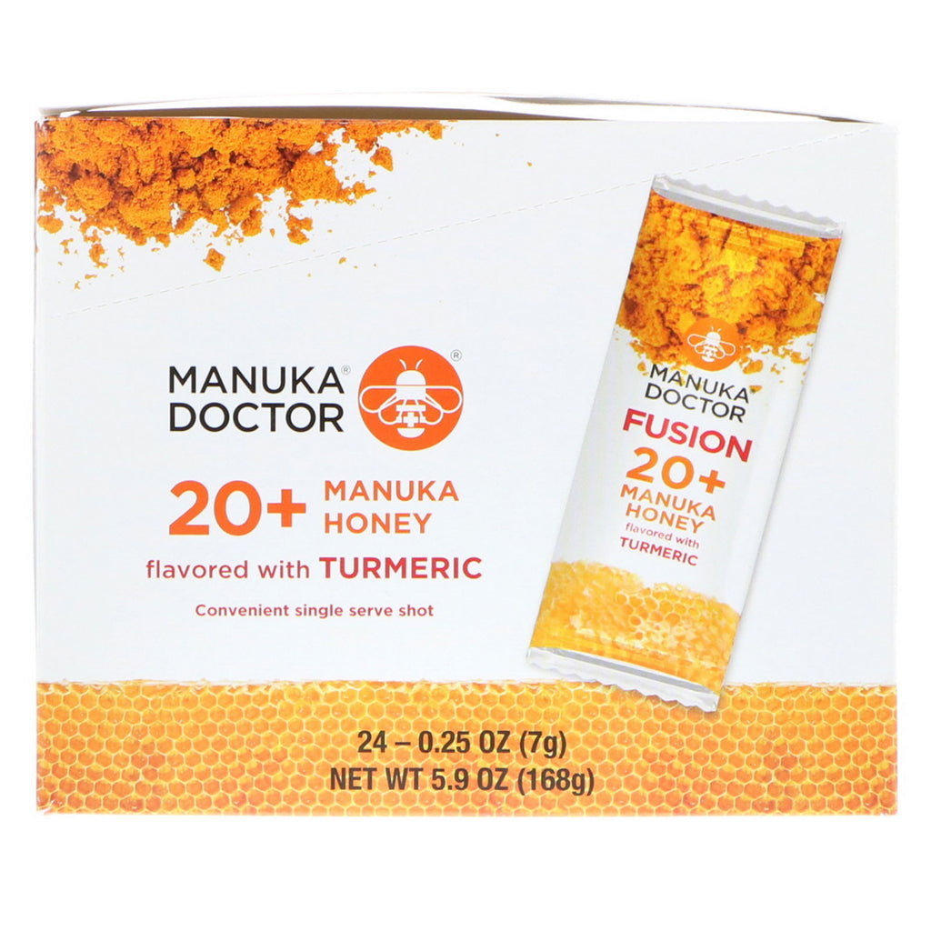 Manuka Doctor, Fusion 20+ Manuka honning, smagt til med gurkemeje, 24 poser, 0,25 oz (7 g) hver