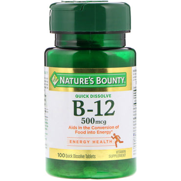 Nature's Bounty, B-12, sabor natural a cereza, 500 mcg, 100 tabletas de disolución rápida