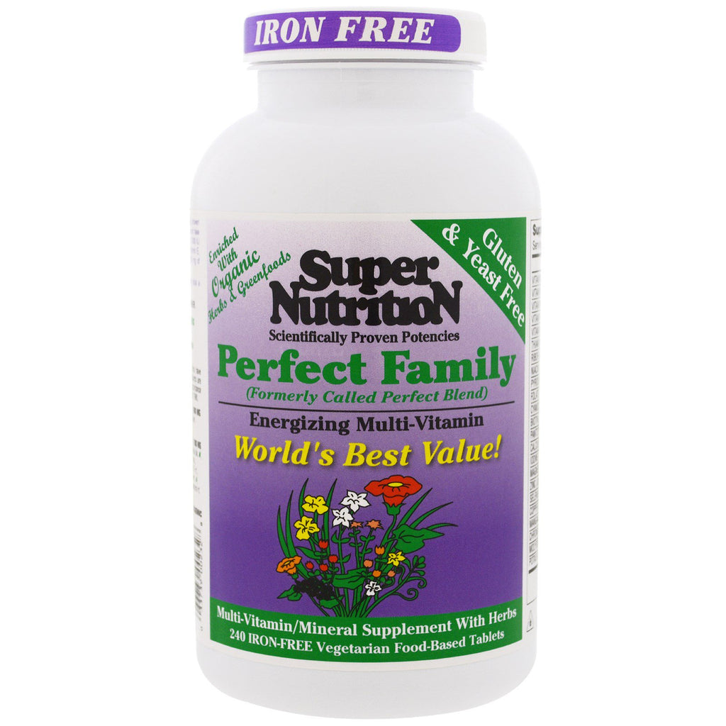 スーパー栄養、完璧な家族、元気を与えるマルチビタミン、鉄分不使用、ベジタリアン食品ベースのタブレット 240 粒