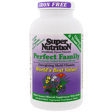 Super nutrition, famille parfaite, multivitamines énergisantes, sans fer, 240 comprimés à base d'aliments végétariens