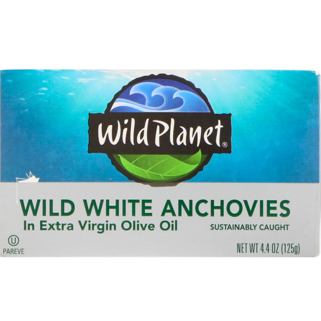 Wild Planet, vild vit ansjovis i extra jungfrulig olivolja, 4,4 oz (125 g)