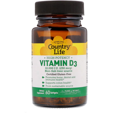 Country life, vitamin D3, høj styrke, 10.000 iu, 60 softgels