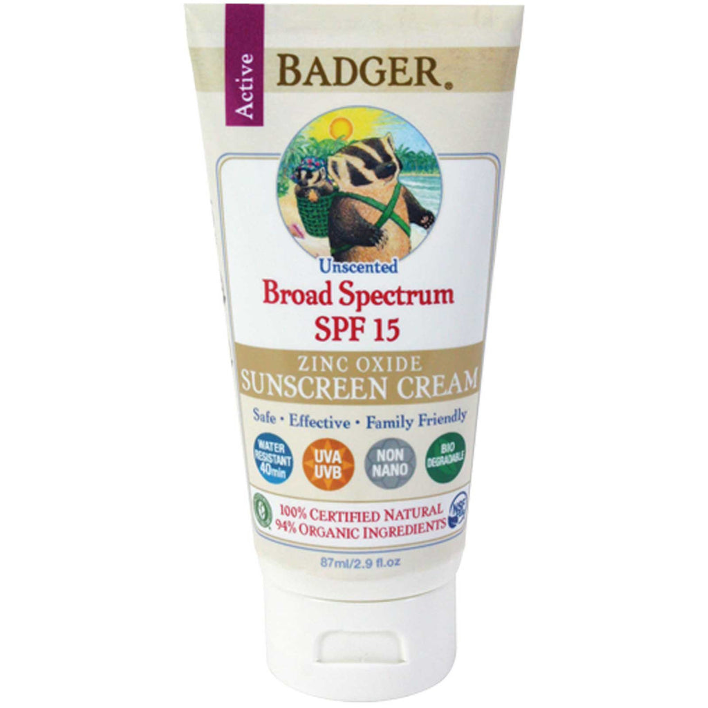 Badger Company, Zinc Oxide Sunscreen Cream, Broad Spectrum SPF 15, Unscented, 2.9 fl oz (87 ml)