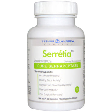 Arthur Andrew Medical, Serretia, Pure Serrapeptase, 500 mg, 30 kapsler