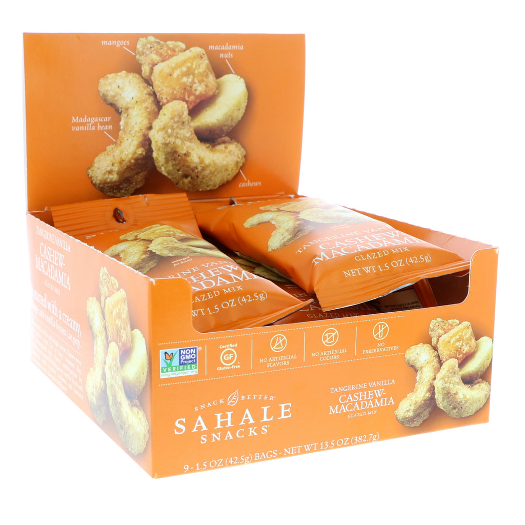 Sahale Snacks, Glazed Mix, Tangerine Vanilla Cashew-Macadamia, 9 แพ็ค, 1.5 ออนซ์ (42.5 กรัม) ต่อชิ้น