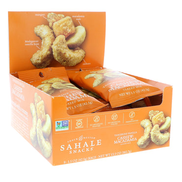 Sahale Snacks, glaseret blanding, Tangerine Vanilje Cashew-Macadamia, 9 pakker, 1,5 oz (42,5 g) hver