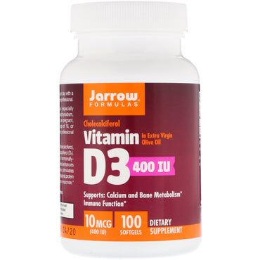 Fórmulas Jarrow, vitamina d3, colecalciferol, 400 iu, 100 cápsulas blandas